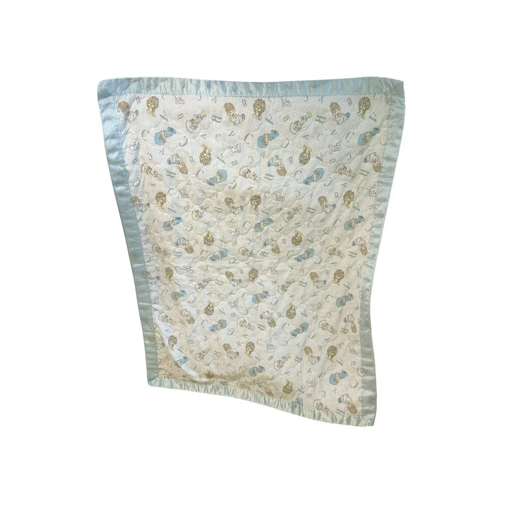 Precious Moments ABC Alphabet Crib Blanket Nursery Satin Trim 44” X 35” Pastels